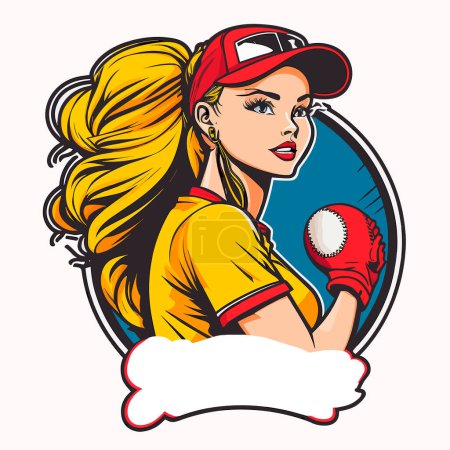 Illustration for Girl Playing Softball. vector illustration, isolated background, label, sticker - Royalty Free Image