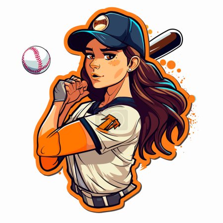 Baseball Softball weiblich Swinging. Cartoon-Vektor-Illustration, isolierter Hintergrund, Etikett, Aufkleber