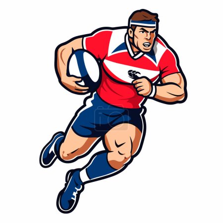 Illustration for One caucasian rugby men's player silhouette isolated on white background. Contact ball sports game. cartoon vector illustration, label, sticker - Royalty Free Image
