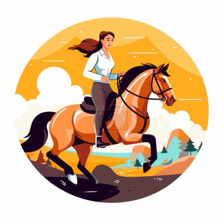 Ilustración de Imagen de una joven montando su caballo. Deporte ecuestre. Ilustración vectorial de dibujos animados. fondo aislado, etiqueta, pegatina - Imagen libre de derechos