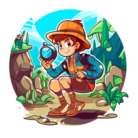 Illustration for Online navigation, GPS and compass navigation. Adventure Geocaching treasure hunt in nature. Cartoon vector illustration. isolated background - Royalty Free Image