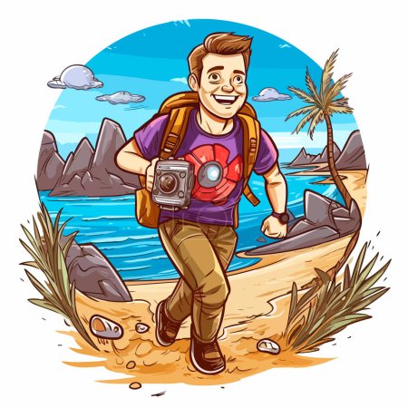 Illustration for Finding Geocaching treasures on the beach. Direction finding by compass or electronic navigation. Cartoon vector illustration. isolated background, sticker - Royalty Free Image