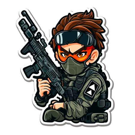 Illustration for Masked Arsoft player soldier at the ready with weapon in hand. Cartoon vector illustration. isolated background - Royalty Free Image