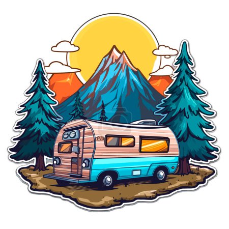 Reisen Sie mit dem Wohnwagen zum Abenteuer. Sommerferien und Zelten. Familienausflug. Zeichentrickvektorillustration. Etikett, Aufkleber, T-Shirt-Druck