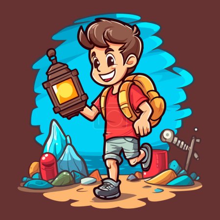Illustration for Adventure trips to the countryside. Finding Geocaching treasures on the beach. Cartoon vector illustration. isolated background, sticker - Royalty Free Image
