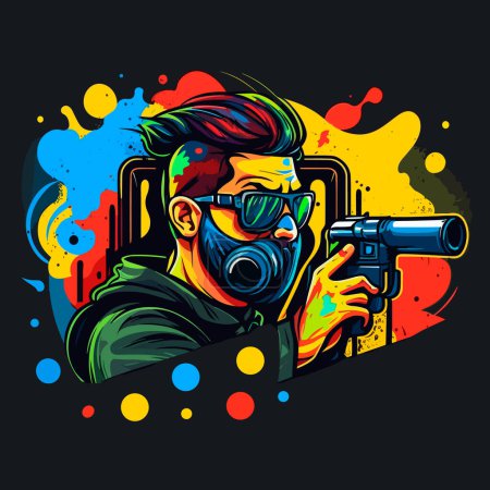 Illustration for Paintball player in camouflage suit with gun in hand. Colorful splashes from the background shot. Cartoon vector illustration. - Royalty Free Image