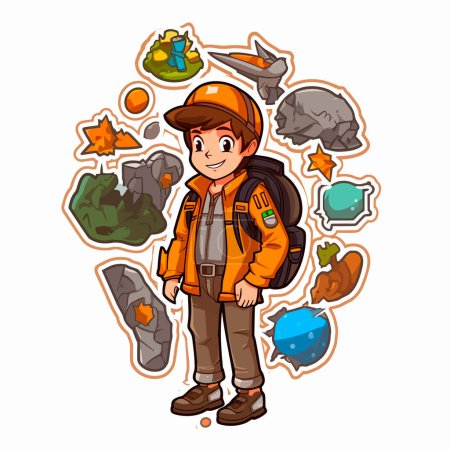 Illustration for Young adventurer on an adventure trip. Search for hidden Geocaching treasures in nature. Cartoon vector illustration. - Royalty Free Image