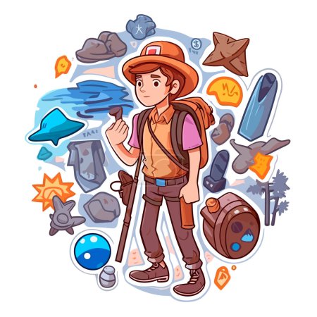 Illustration for Young adventurer on an adventure trip. Search for hidden Geocaching treasures in nature. Cartoon vector illustration. - Royalty Free Image
