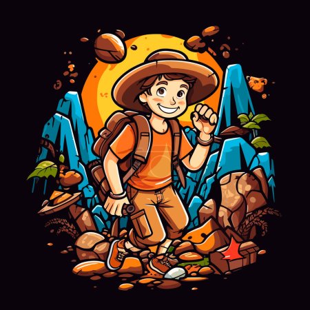 Illustration for Young adventurer on a trip in the wild. Cartoon vector illustration. - Royalty Free Image