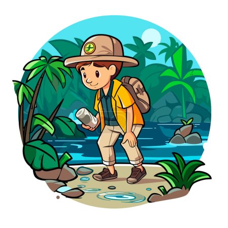 Illustration for Finding Geocaching treasures in the wild by the lake. Adventure trips to the countryside. Cartoon vector illustration. isolated background - Royalty Free Image