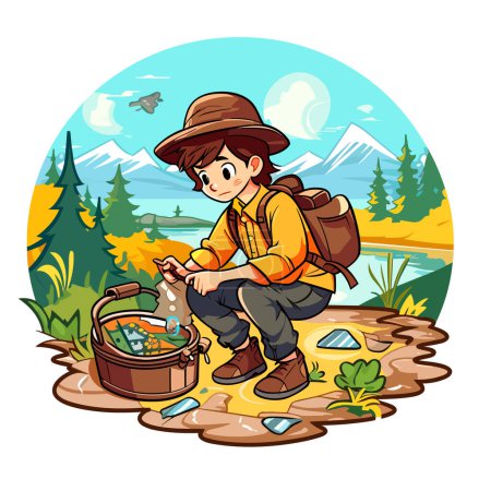 Illustration for Finding Geocaching treasures in the wild by the lake. Adventure trips to the countryside. Cartoon vector illustration. isolated background - Royalty Free Image
