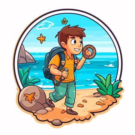 Illustration for Finding Geocaching treasures on the beach. Adventure trips to the countryside. Cartoon vector illustration. isolated background, sticker - Royalty Free Image