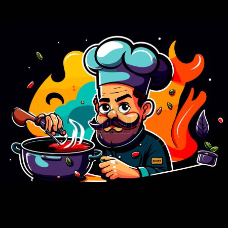 Illustration for The cook cooks stew in a pot. Cartoon vector illustration. - Royalty Free Image