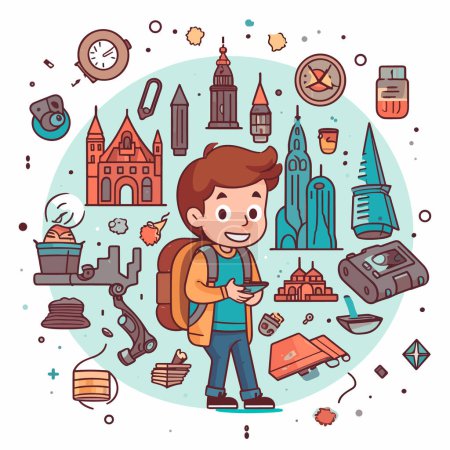 Illustration for Geocaching the search for hidden treasures. Getting to know the big city. Cartoon vector illustration. - Royalty Free Image