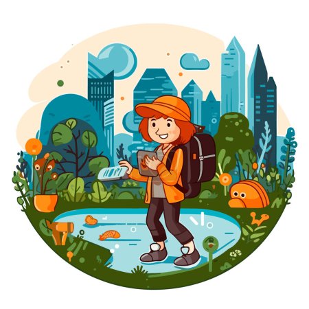 Illustration for Finding hidden places in the city. Adventure travel and discovery of unknown places. Cartoon vector illustration. - Royalty Free Image