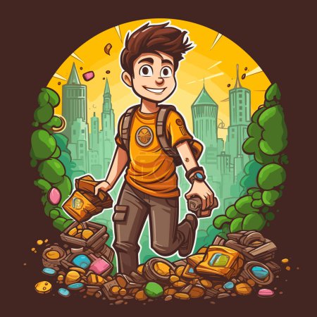 Illustration for Getting to know the big city. Geocaching the search for hidden treasures. Cartoon vector illustration. - Royalty Free Image