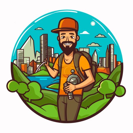 Illustration for Exploring the big city on a road trip. Discovering hidden places using map navigation. Cartoon vector illustration. - Royalty Free Image
