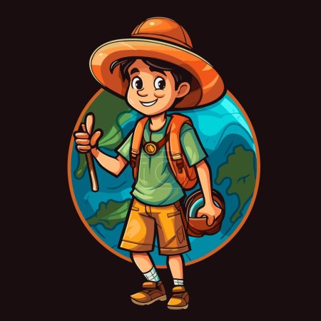 Illustration for A young traveler is going on a trip around the world. Cartoon vector illustration. - Royalty Free Image