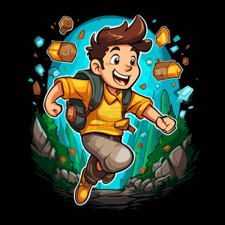 Illustration for A young boy runs away through a natural canyon for adventure. Cartoon vector illustration. - Royalty Free Image