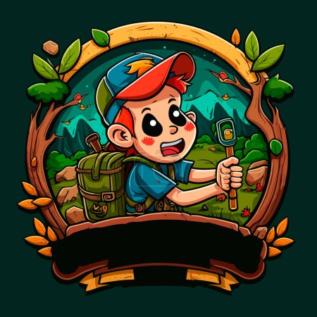 Illustration for A young adventurer is looking for a way in nature. Online navigation, GPS and compass navigation. Cartoon vector illustration. - Royalty Free Image