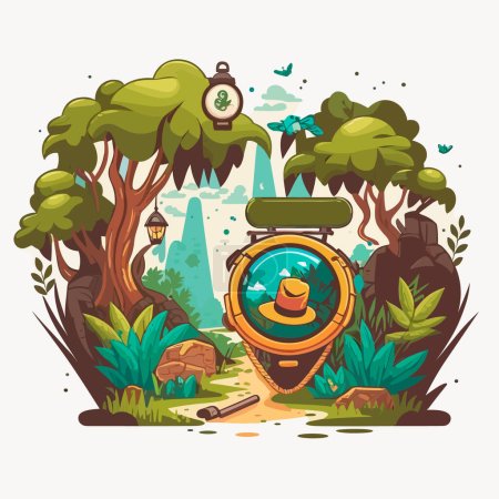 Illustration for A trip to the countryside. Travelling through the forest. Geocaching treasure hunt among the trees. Cartoon vector illustration. label, sticker - Royalty Free Image
