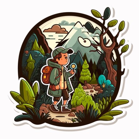 Illustration for A trip to the countryside. Travelling through the forest. Geocaching treasure hunt among the trees. Cartoon vector illustration. label, sticker - Royalty Free Image