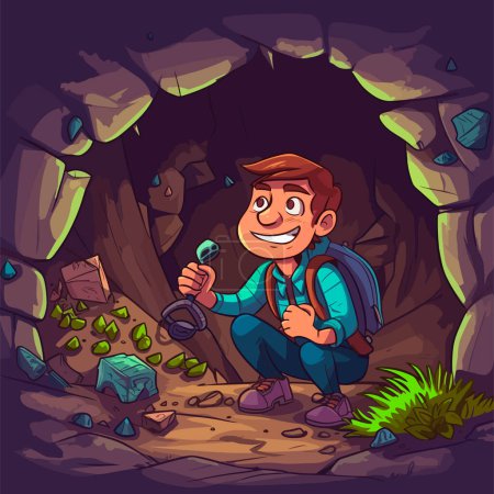 Searching for hidden treasures in nature. Adventurous cave exploration. Cartoon vector illustration.
