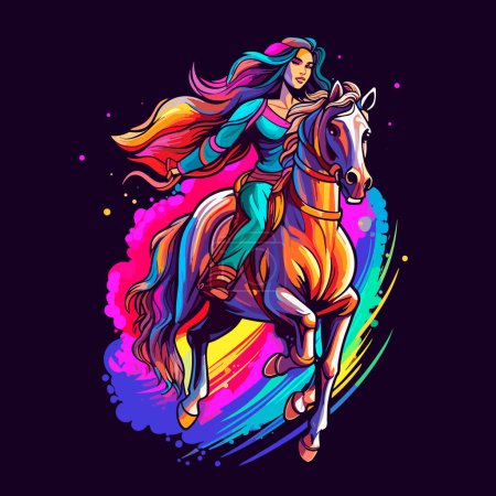 Ilustración de Jinete hembra montando al aire libre en su hermoso caballo. Ilustración vectorial de dibujos animados. fondo aislado, etiqueta, pegatina - Imagen libre de derechos