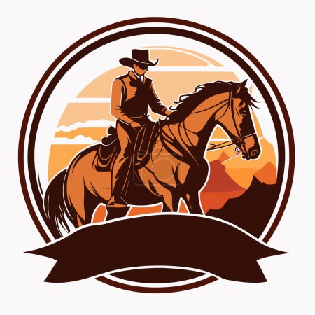 Ilustración de Un vaquero monta a caballo. Deporte ecuestre. Ilustración vectorial de dibujos animados. fondo negro, etiqueta, pegatina - Imagen libre de derechos