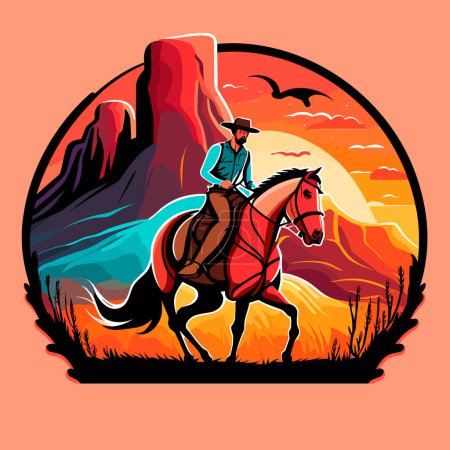 Ilustración de Un vaquero monta a caballo. Deporte ecuestre. Ilustración vectorial de dibujos animados. fondo negro, etiqueta, pegatina - Imagen libre de derechos