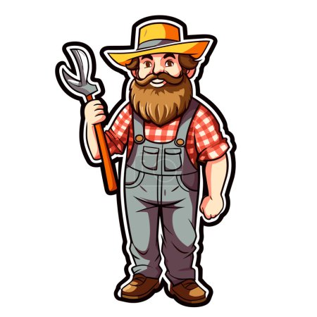 A bearded farmer in a hat is holding a spade for cultivating vegetables in his garden. Agriculture, farm concept. Cartoon vector illustration. label, sticker
