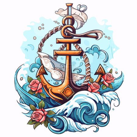 Téléchargez les illustrations : Motif nautique avec ancre. Art pour T-shirts imprimés, affiches et étiquettes. - en licence libre de droit