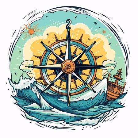 Téléchargez les illustrations : Illustration vectorielle d'une boussole nautique vintage pour la navigation. - en licence libre de droit