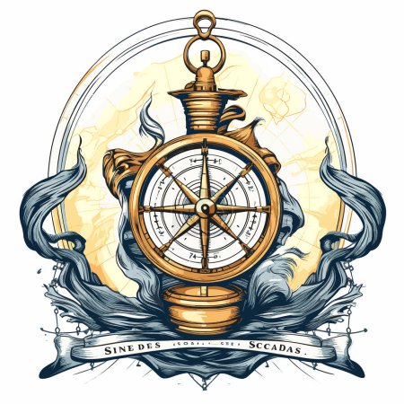 Illustration for Nautical motif with compass. Art for T-shirt prints, posters and labels. - Royalty Free Image