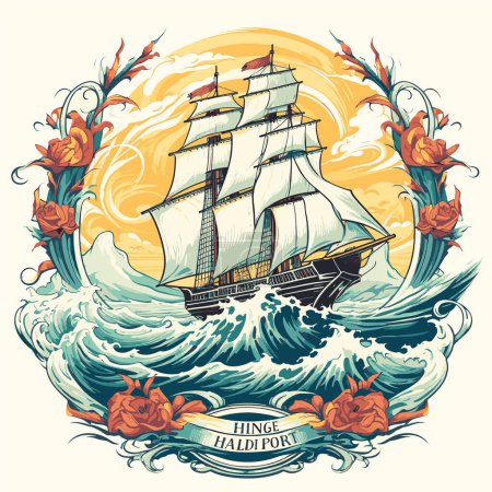 Illustration for Nautical sea theme big sailboat ocean spirit. Classic vintage template. Graphic T-shirt print - Royalty Free Image