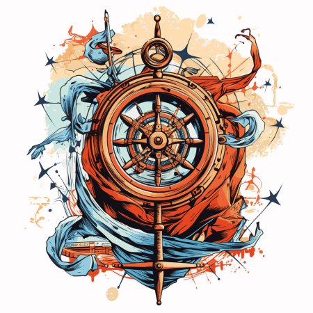 Illustration for Nautical sea theme navigation or compass ocean spirit. Classic vintage template. Graphic T-shirt print - Royalty Free Image