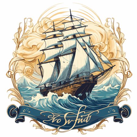 Illustration for Vintage nautical typography for t-shirt print with retro sailing ship. - Royalty Free Image