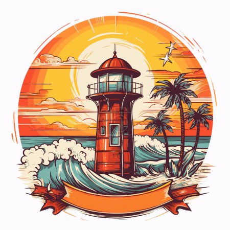 Illustration for Marine lighthouse. Vintage t-shirt design label for clothing printing. - Royalty Free Image