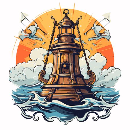 Illustration for Nautical marine theme buoy ocean spirit. Classic vintage template. Graphic T-shirt print - Royalty Free Image