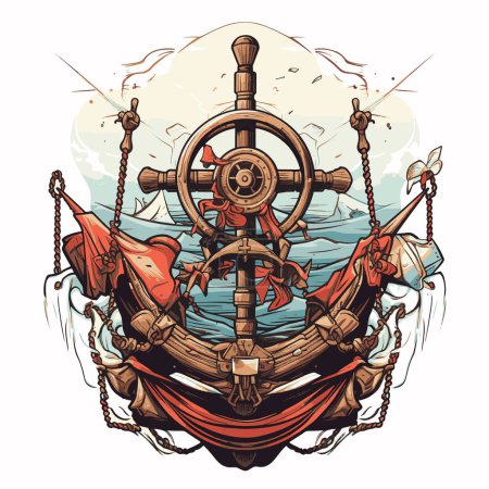 Illustration for Rudder symbol, nautical adventure emblem, t-shirt print style. - Royalty Free Image