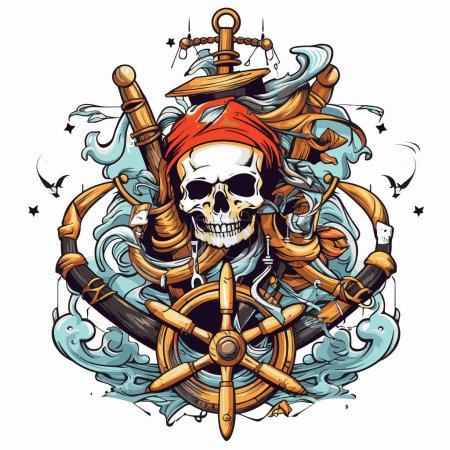 Téléchargez les illustrations : Symbole de crâne de gouvernail et de pirate, emblème d'aventure nautique, style imprimé t-shirt. - en licence libre de droit