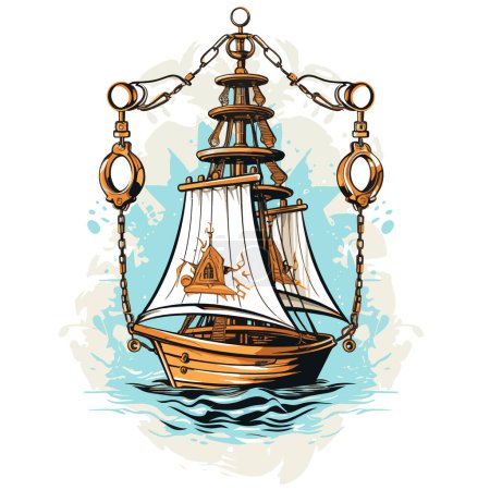 Téléchargez les illustrations : Classic yacht club sailing atlantic regatta vintage print garçons et hommes t-shirt avec badges nautiques patch. - en licence libre de droit
