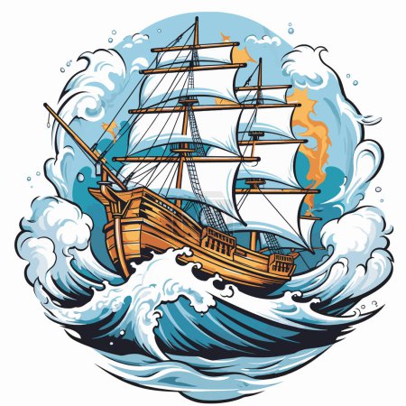Illustration for Maritime motif with a frigate. Art for T-shirt prints, posters and labels. - Royalty Free Image