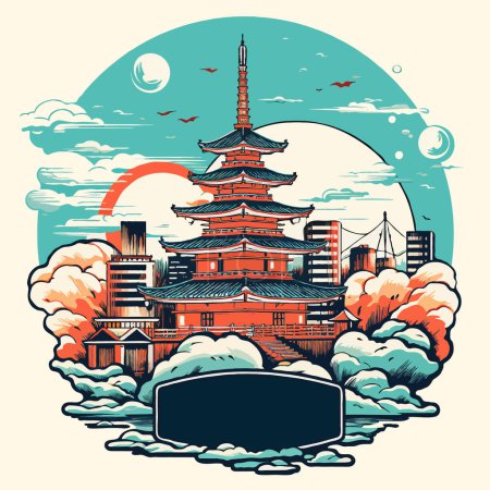 Stylish label with the tower of Edo Castle on the background of Tokyo, Japan. Retro style Illustration.