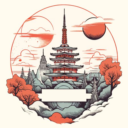 Tokyo icons with the silhouette of Edo Castle typical of Japanese architecture. Retro label or vignette.