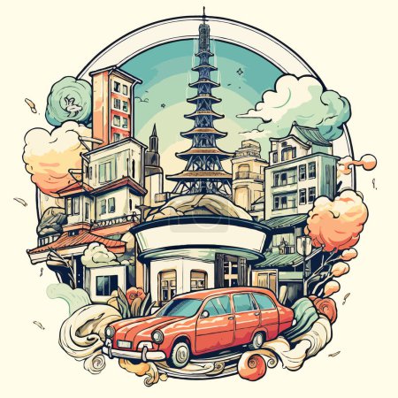I love Japan. The image is a mixture of urban architecture and traffic, as well as the historical building of Edo Castle in Tokyo. Stylish retro abstract sticker.