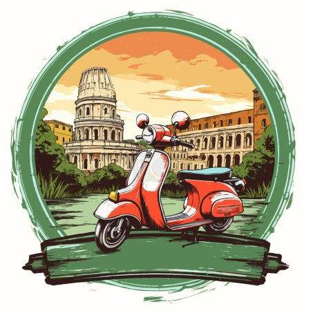 Illustration for I love Rome. Image of the classic moped means of transport of the Italians. Sticker with the background of the Colosseum and Roman buildings. Stylish retro label. - Royalty Free Image