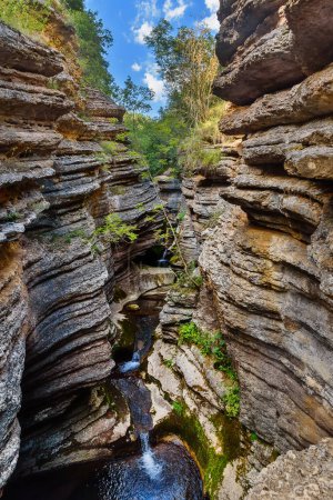 Téléchargez les photos : Rosomacki Lonci (canyon de la rivière Rosomaca) dans les montagnes Stara Planina sont appelés pots Rosomacki, en raison de la forme inhabituelle, bords stratifiés avec de multiples extensions avec des tourbillons - en image libre de droit