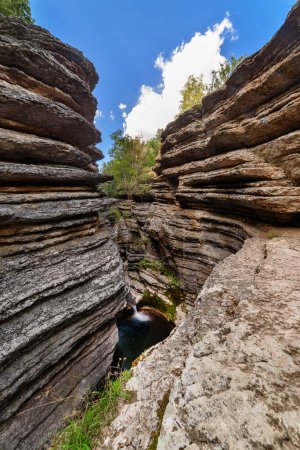 Téléchargez les photos : Rosomacki Lonci (canyon de la rivière Rosomaca) dans les montagnes Stara Planina sont appelés pots Rosomacki, en raison de la forme inhabituelle, bords stratifiés avec de multiples extensions avec des tourbillons - en image libre de droit