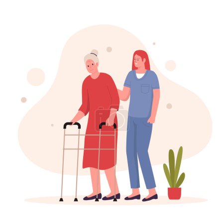 Flat design of grandma walk with caregiver. Illustrations for websites, landing pages, mobile apps, posters and banners. Trendy flat vector illustration